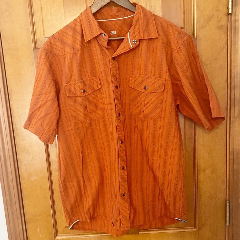 REI Outdoor Striped Snap Front Shirt Orange Double Pocket Western Short Sleeve L